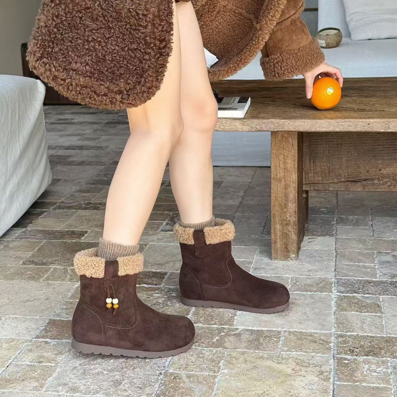 法式短靴冬雪地靴加绒平底中筒舒适百搭女鞋82-75