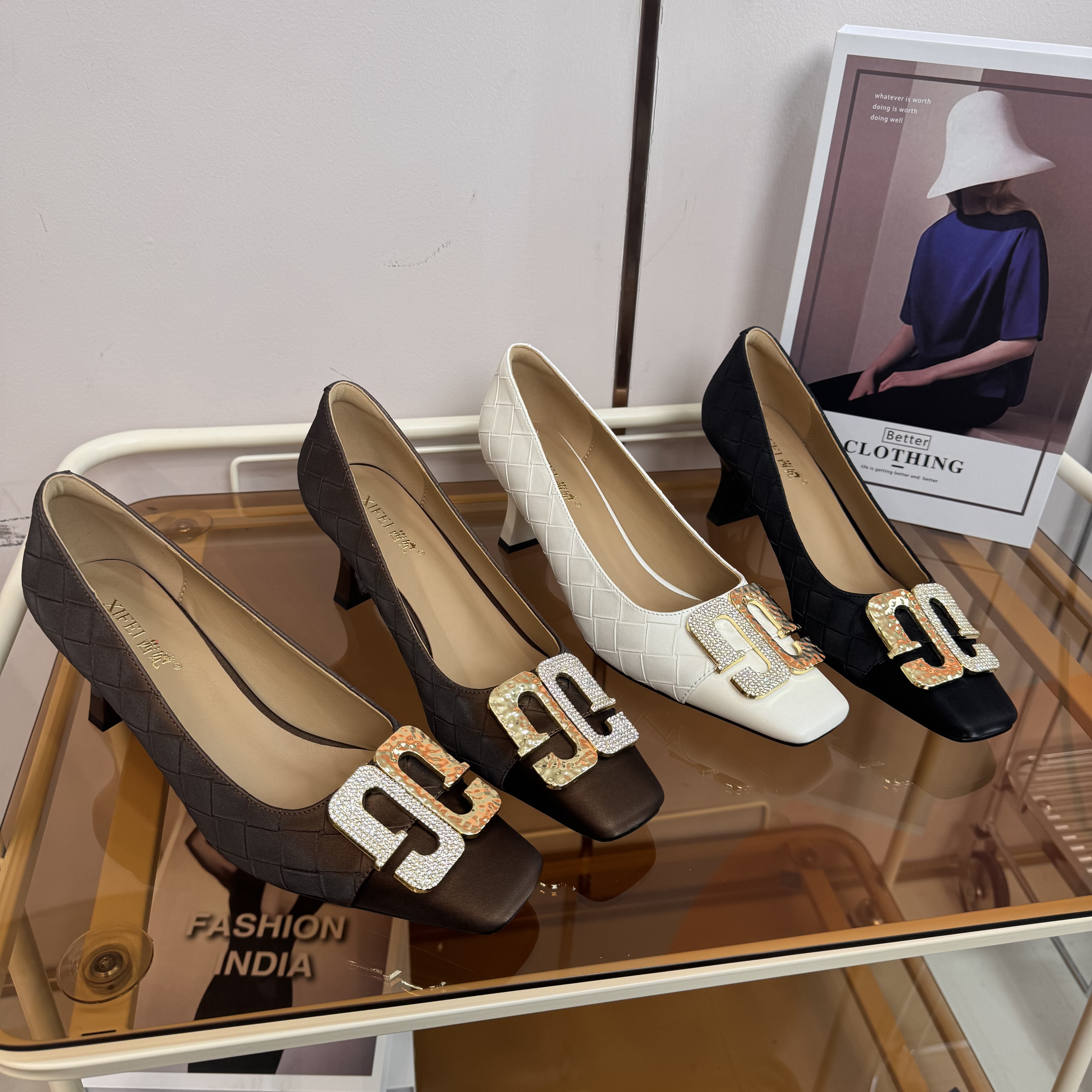 Chic Pa联名轻奢高定牛皮2025新款法式编织方头高跟单鞋y251003