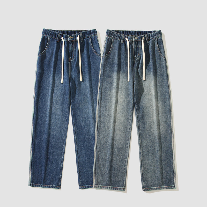 休闲牛仔裤男春秋季高街新品复古潮牌直筒宽松运动牛仔裤男长筒裤