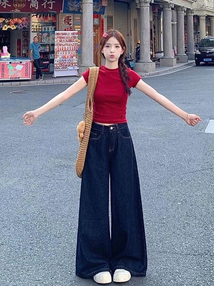 早秋丹宁蓝垂感阔腿牛仔裤女高腰宽松阔腿拖地裤子