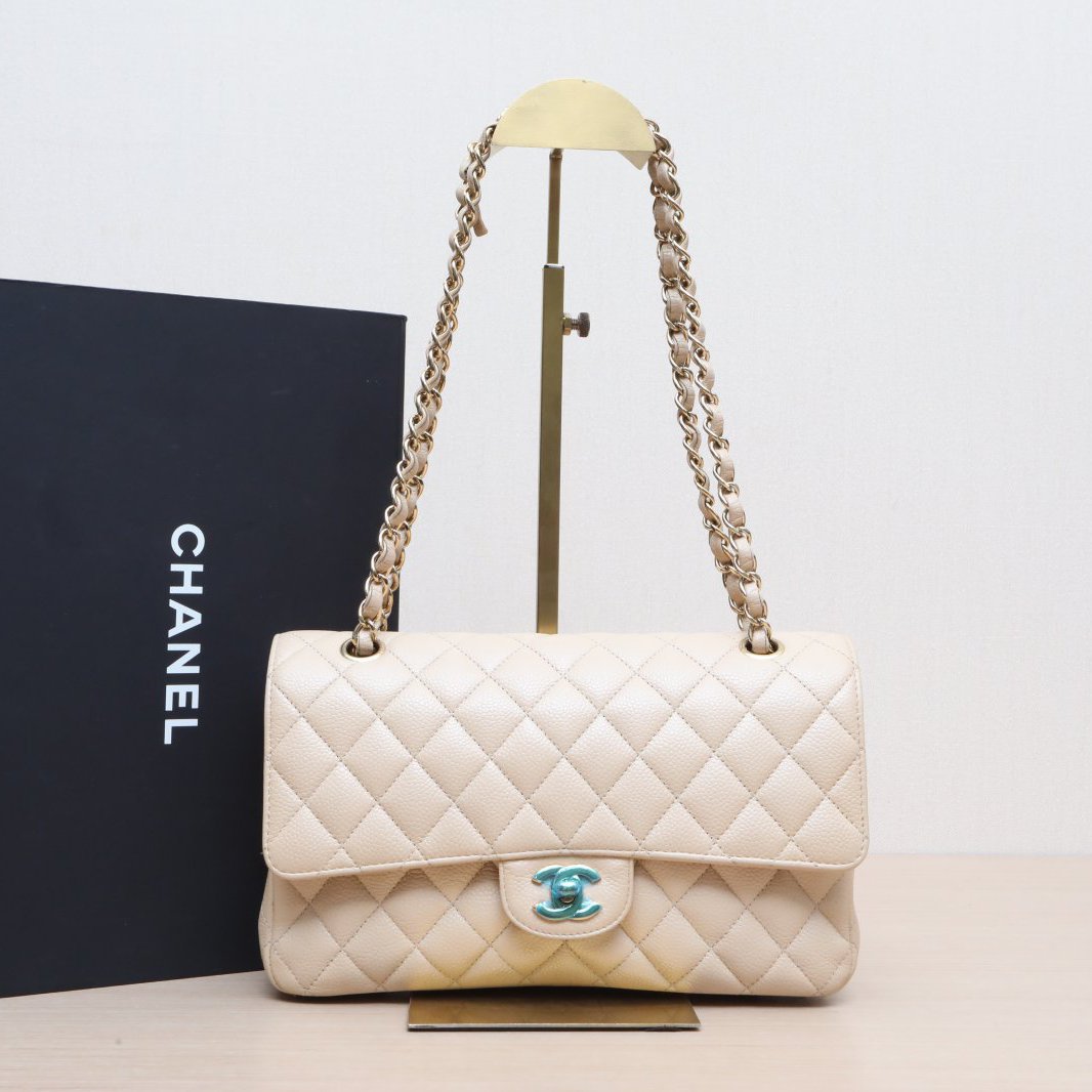 95新 Chanel/香奈儿 小花6欢 CF 口盖包 中号 25.5cm 奶茶色 14开