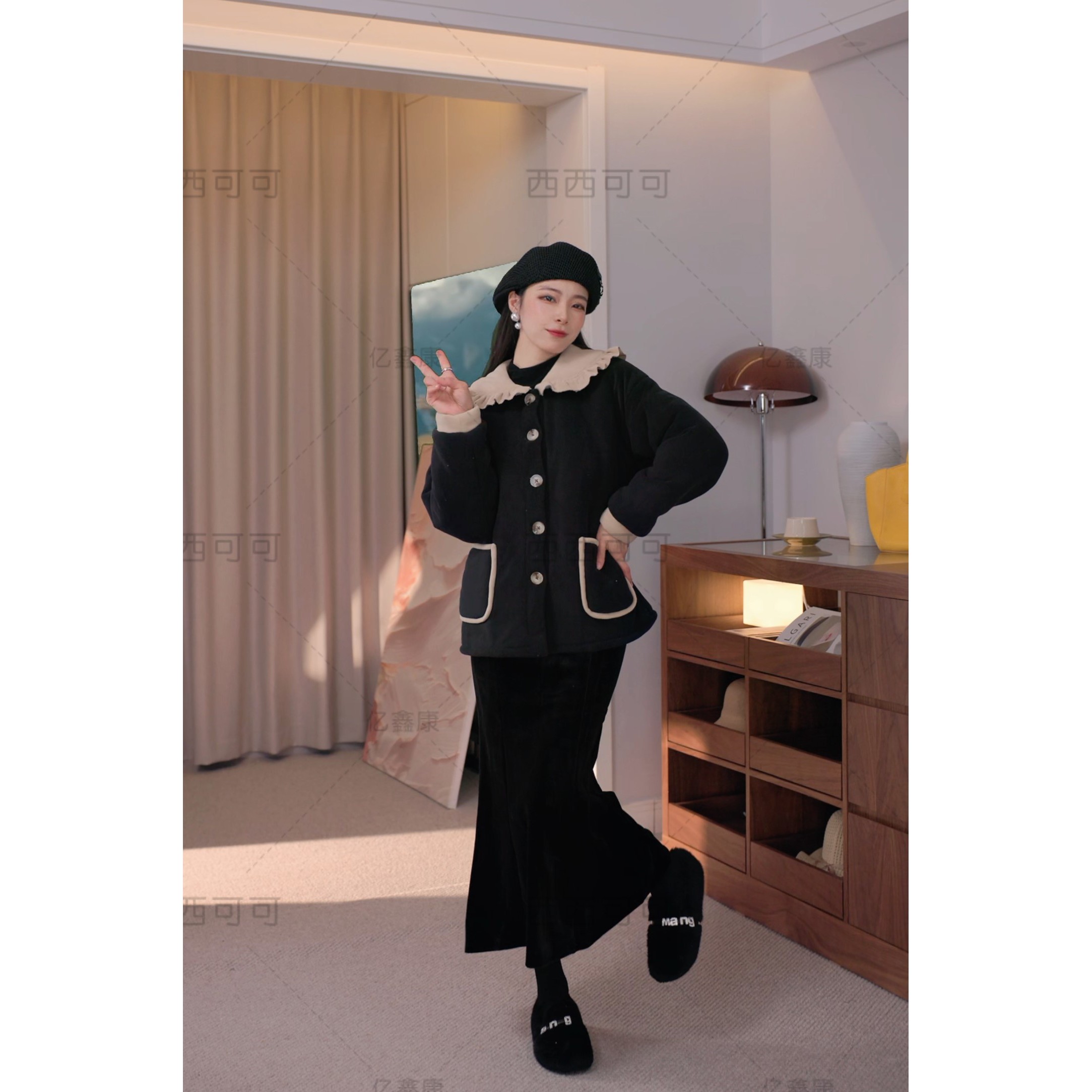 原创洋气时尚可外穿家居服冬季新款女三层加绒加厚套装