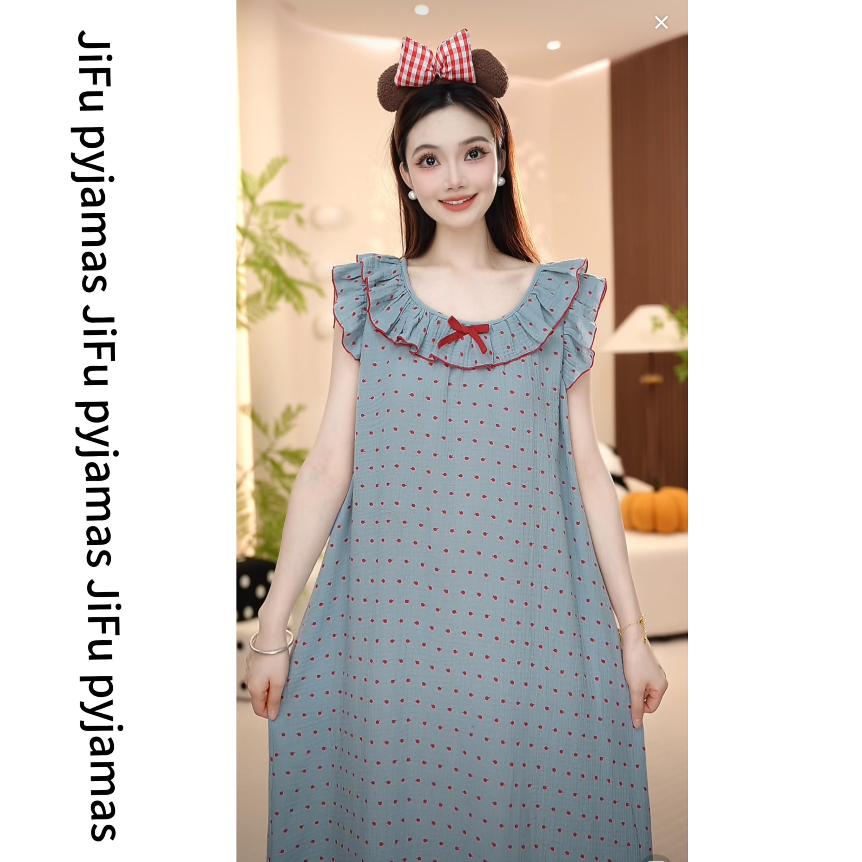 【蓝风铃】纯棉短袖睡裙宽松透气时尚休闲睡衣女中长款夏季