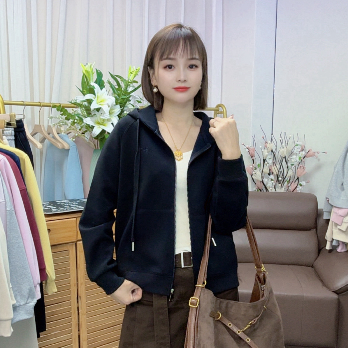 【清货加绒卫衣外套】秋冬洋气百搭刺绣卫衣连帽拉链外套开衫休闲女