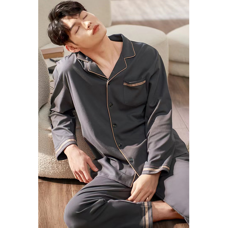 双面纯棉男士睡衣春秋冬长袖长裤开衫翻领全棉可外穿家居服3059