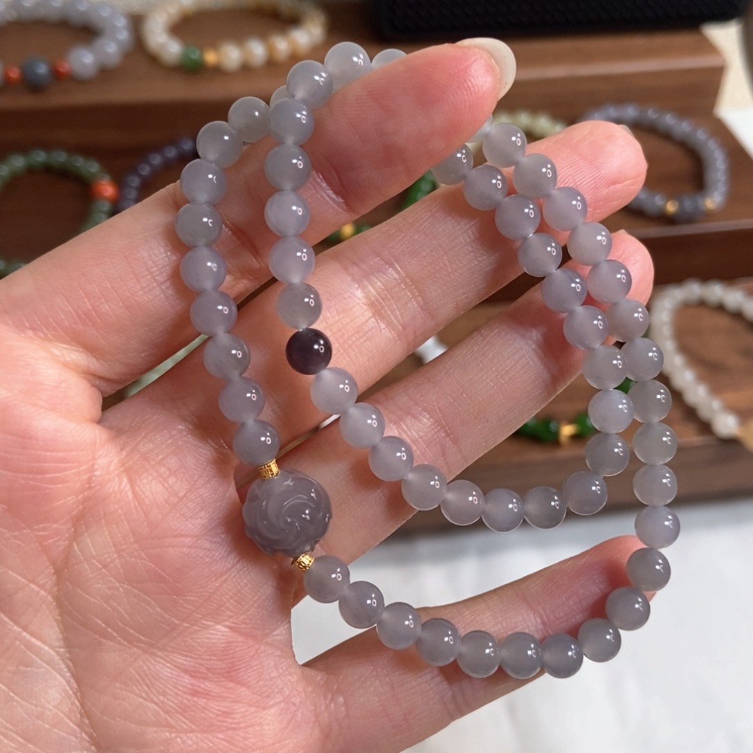 和田玉手链银S925镶嵌6mm冰烟紫双圈