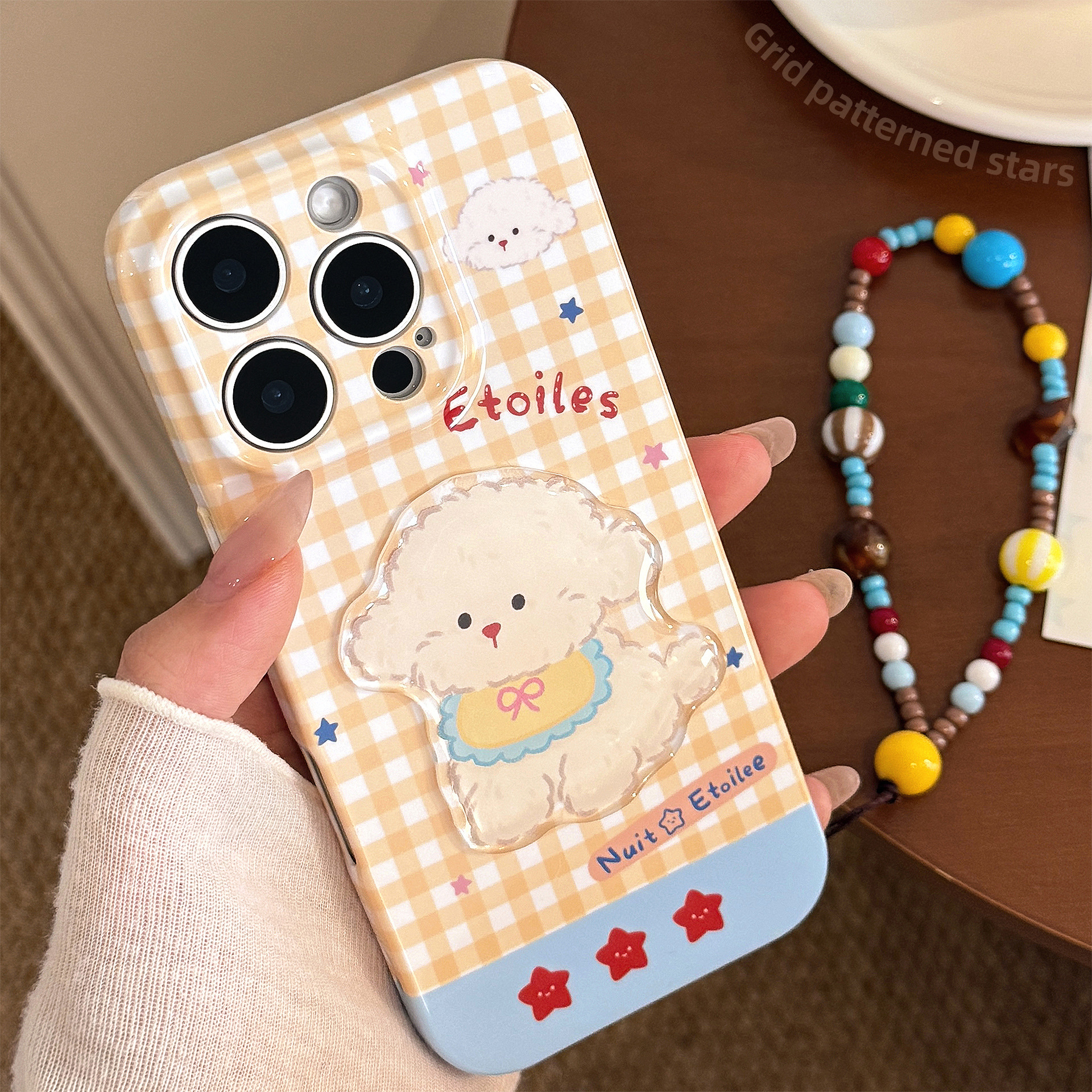 黄色格纹卡通苹果16手机壳iphone15promax适用立体小狗挂绳13软14
