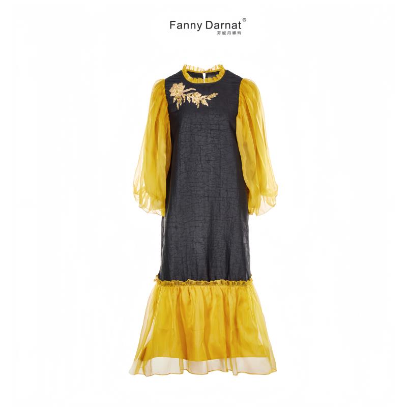 Fanny Darnat/芬妮丹娜特香云纱龟裂纹法式连衣裙泡泡袖时尚8062