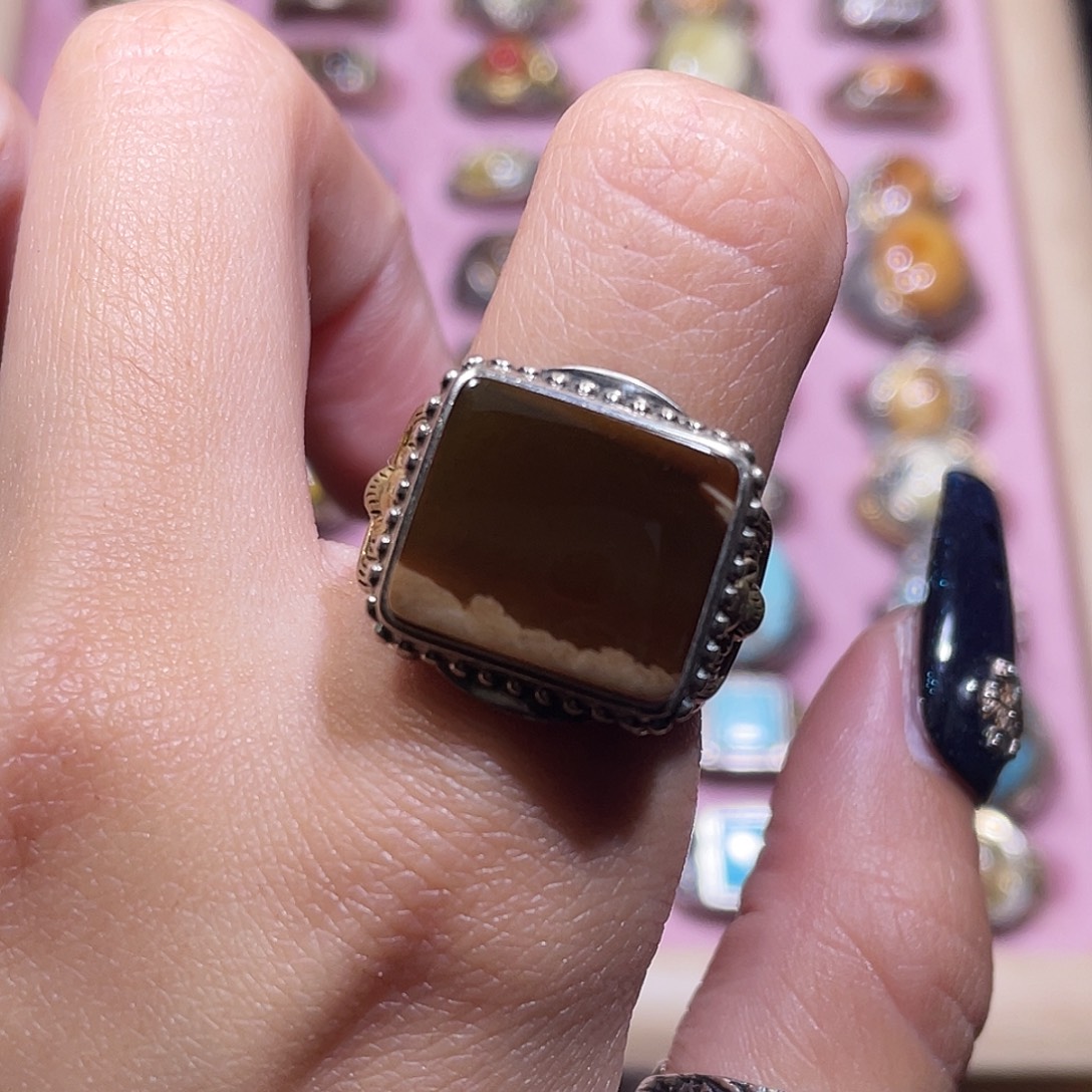 懒***花琥珀银S925镶嵌戒指