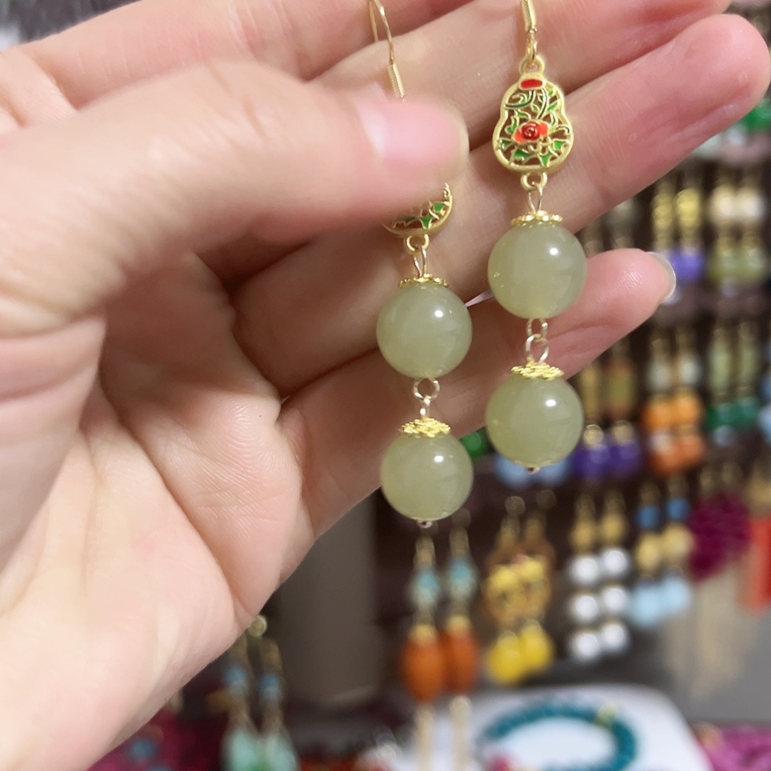 银S925镶嵌耳钉玛瑙/玉髓绿色