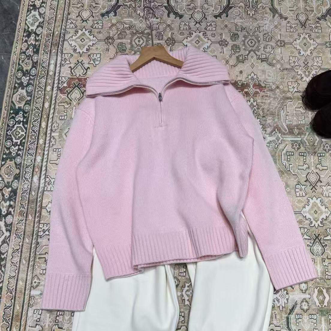 毛针织衫翻领衫薄款秋冬针织开衫套头半拉链秋季