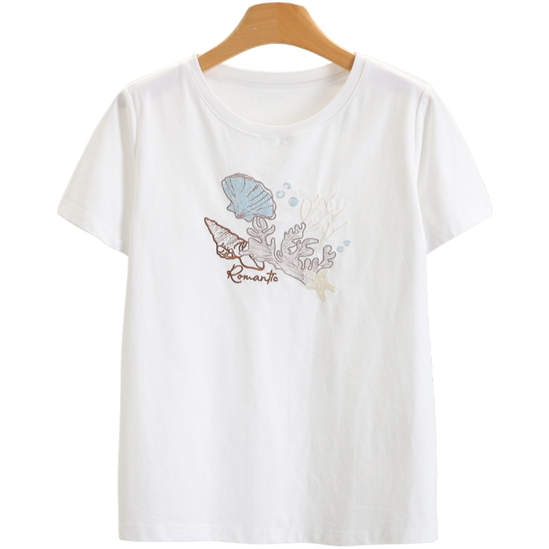 A176-伍莎服饰云仓【朝】刺绣圆领短袖白色T恤#ZZH56X019