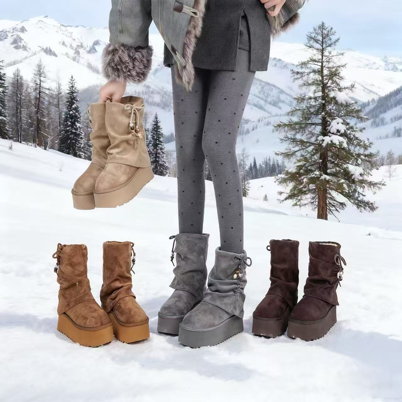 六六+2025冬季短筒靴加绒加厚时尚百搭软底女雪地裤管靴厚底