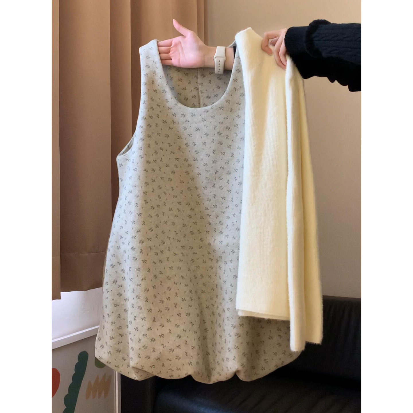 A821法式灰色花苞背心连衣裙子女冬季2025新款好看冬装一整套短裙