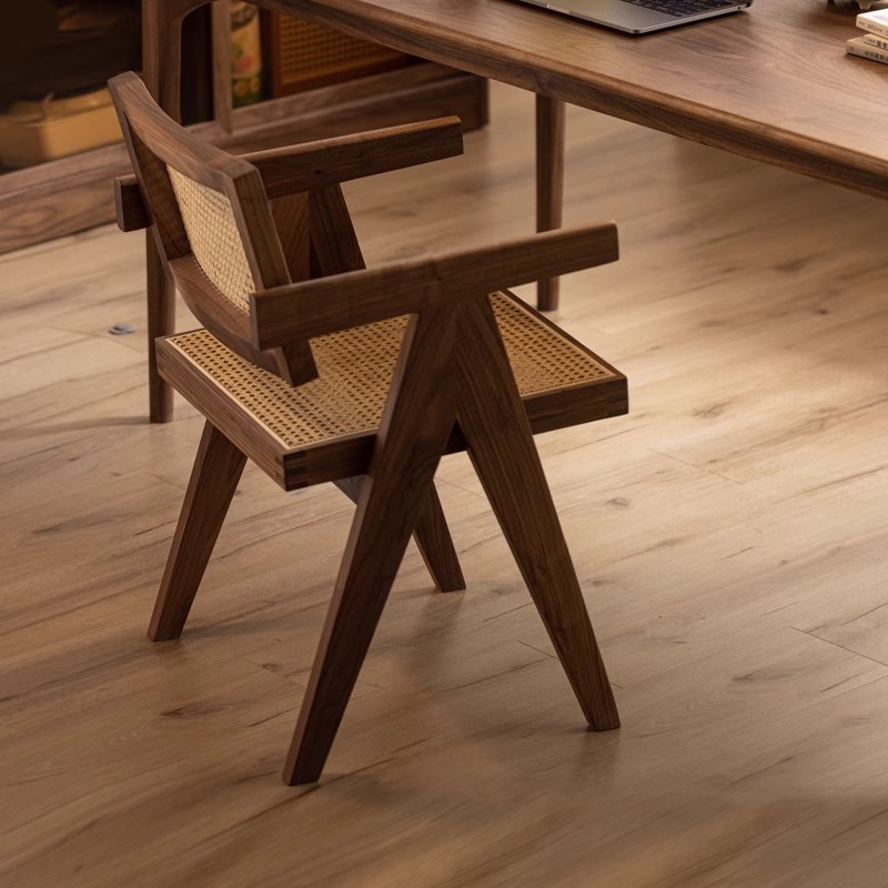 北美黑胡桃木椅子藤编餐椅靠背扶手椅昌迪加尔实木书房椅子休闲椅