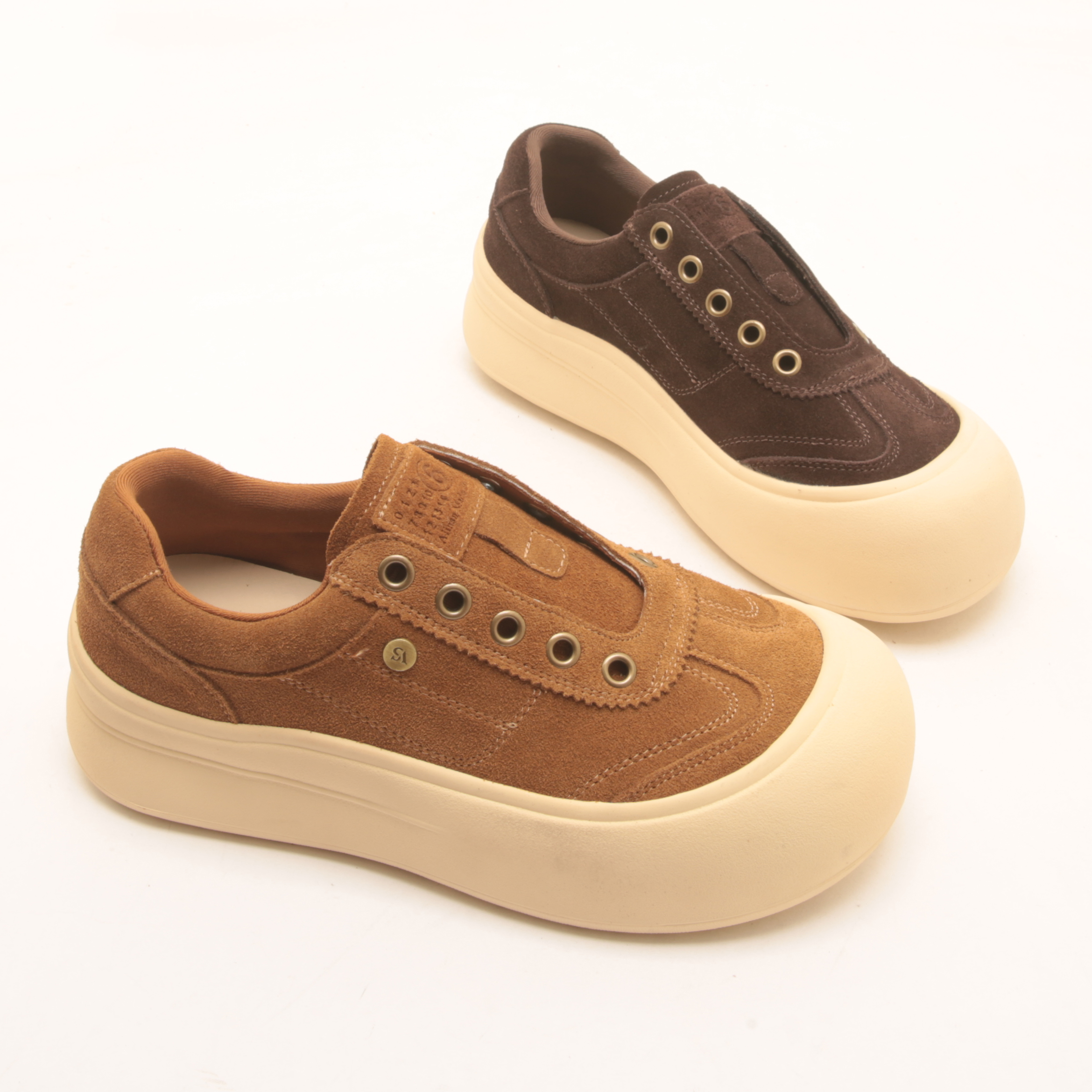 7479秋季新款娃娃头真皮厚底德训鞋女百搭松紧一脚蹬软底休闲板鞋