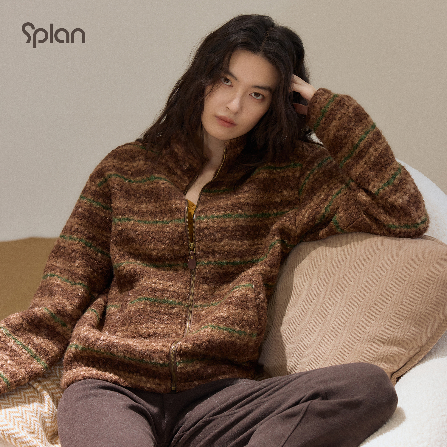 【秋冬新品】SPLAN 慵懒风秋冬摇粒绒拼色立领上装外套25153