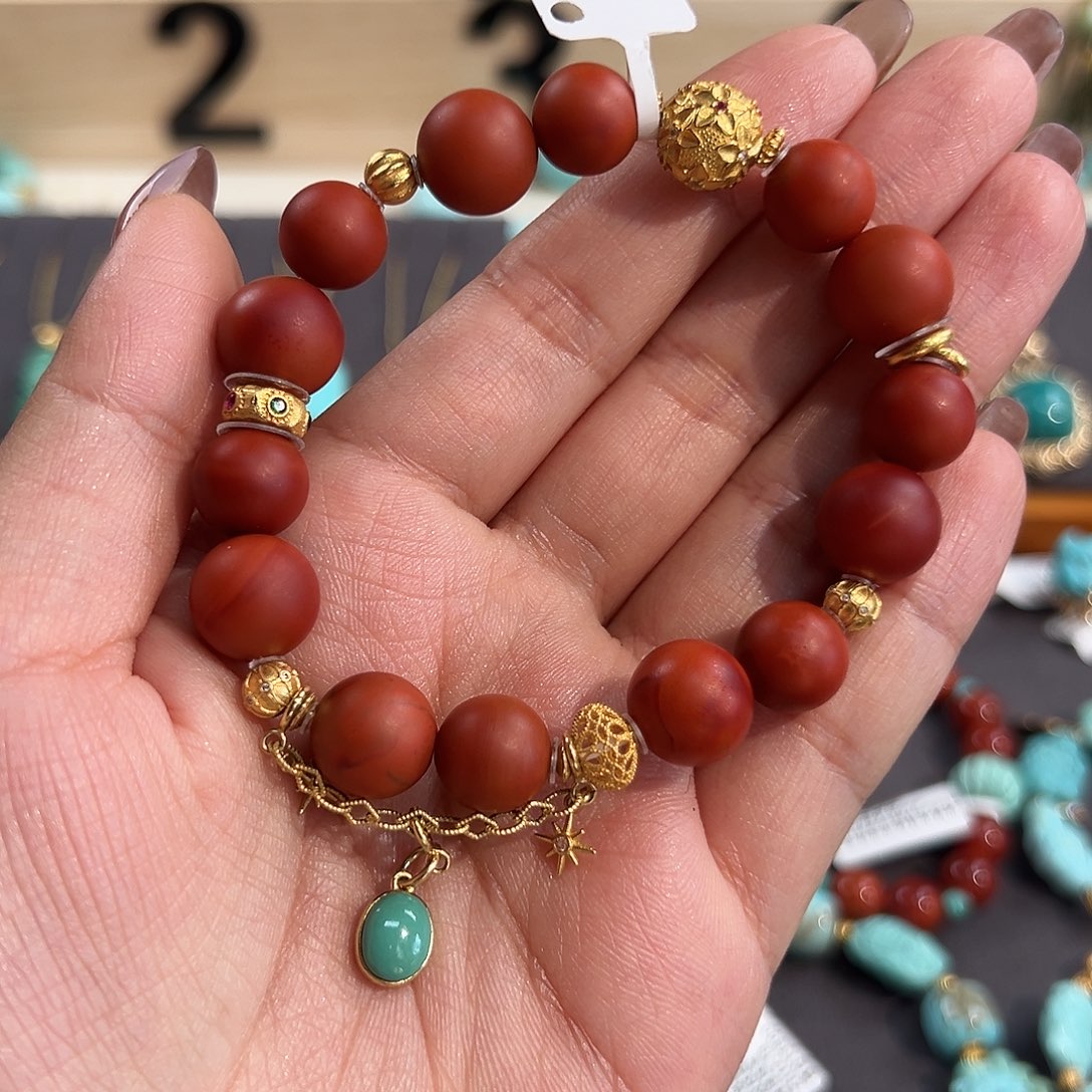 米***.南红玛瑙18K金镶嵌手串南红圆珠手串