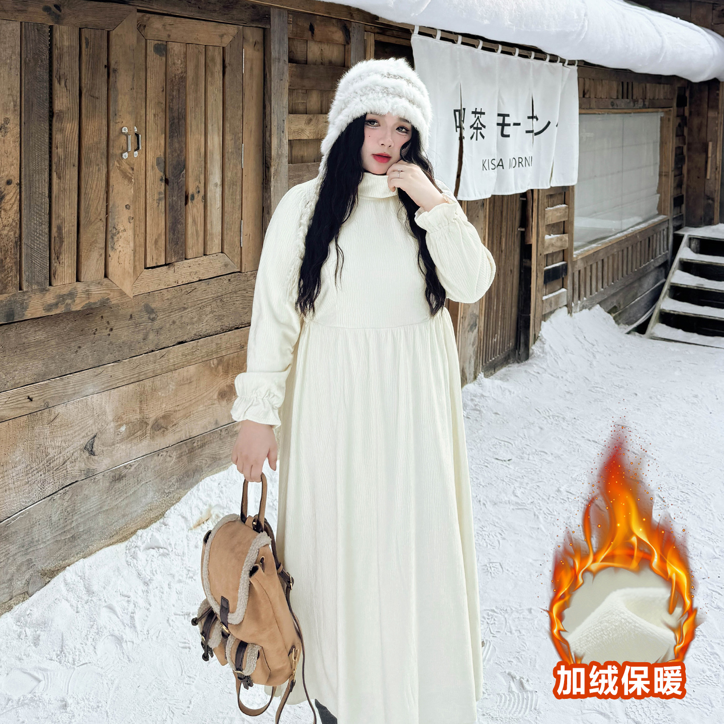 CD6519大码女装【法式肌理感丝绒裙】秋冬胖mm加绒保暖高腰连衣裙子