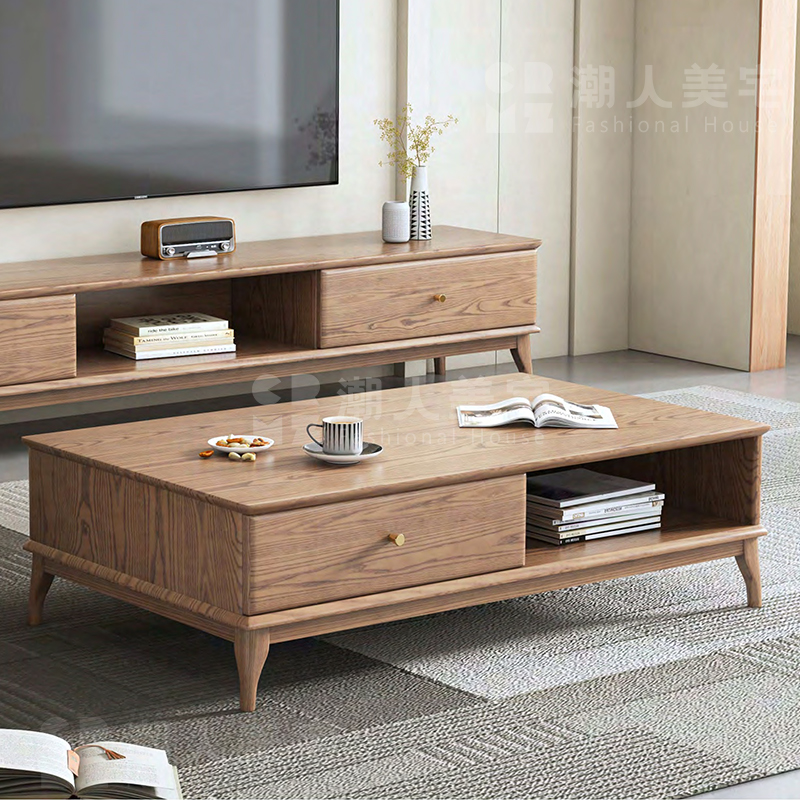 【月明茶几】北欧风实木茶几白蜡木茶几可储物客厅实木茶几轻奢茶几