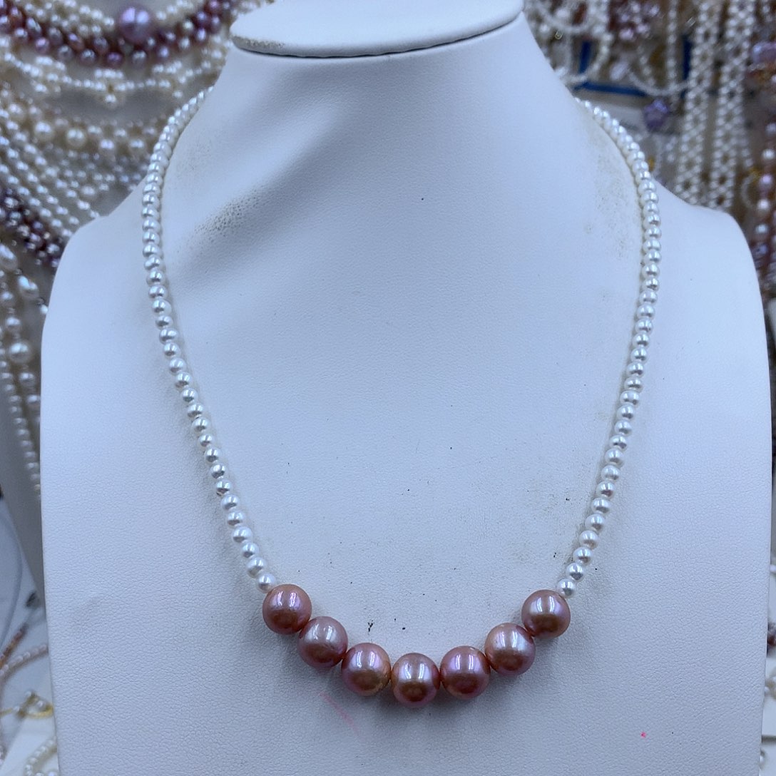 项链银S925镀金镶嵌淡水珍珠半**雨