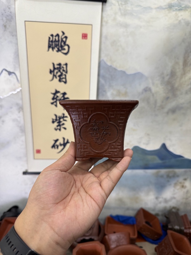宜兴9.5*8cm内经红清水仿古款式花盆梅兰竹菊花盆票口设计盆景盆