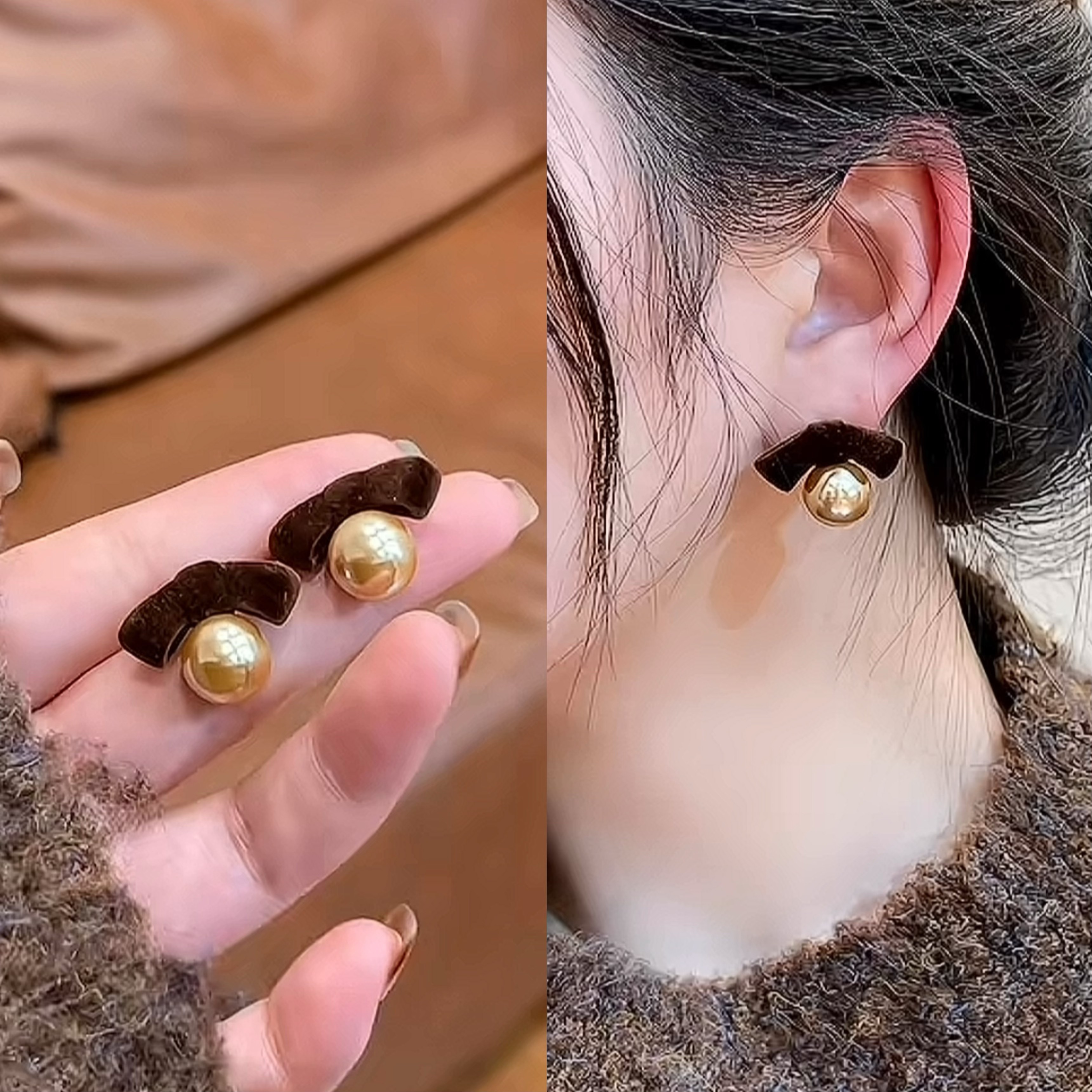 合金仿珍珠耳饰 秋冬新款棕色蝴蝶结珠珠耳钉百搭小众设计感耳环