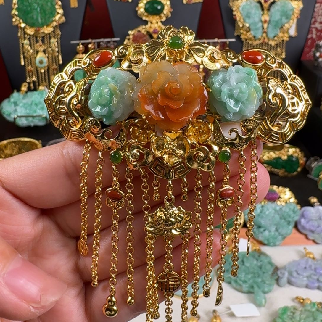 翡翠银S925镀金镶嵌项链发卡吊坠多用款