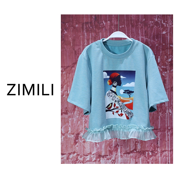 【亮哥女装】2025夏季轻薄透气浅葱绿印花珠片绣拼接蕾丝T恤8531