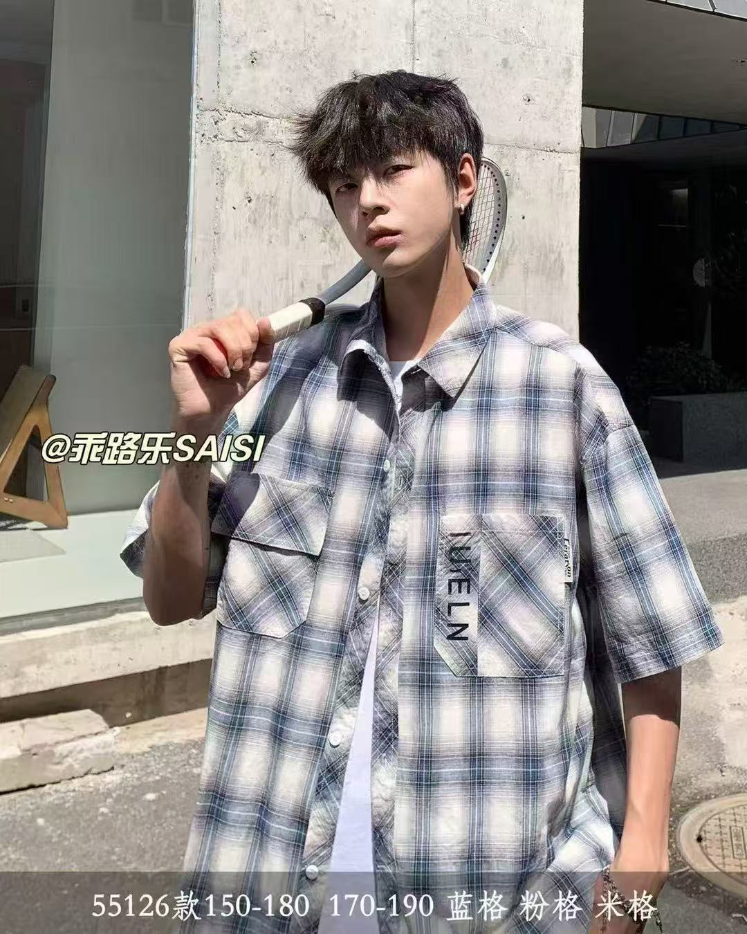 乖路乐55126青少年夏款男童中性宽松经典格子外套半袖衬衫