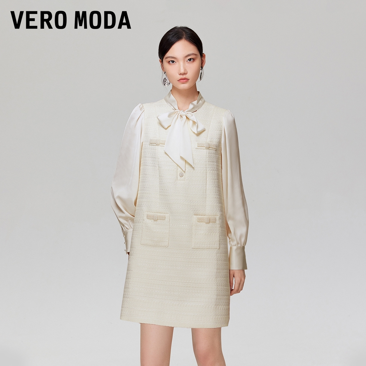 Vero Moda连衣裙25秋冬新款飘带领钉珠装饰口袋A字短裙百搭流光风
