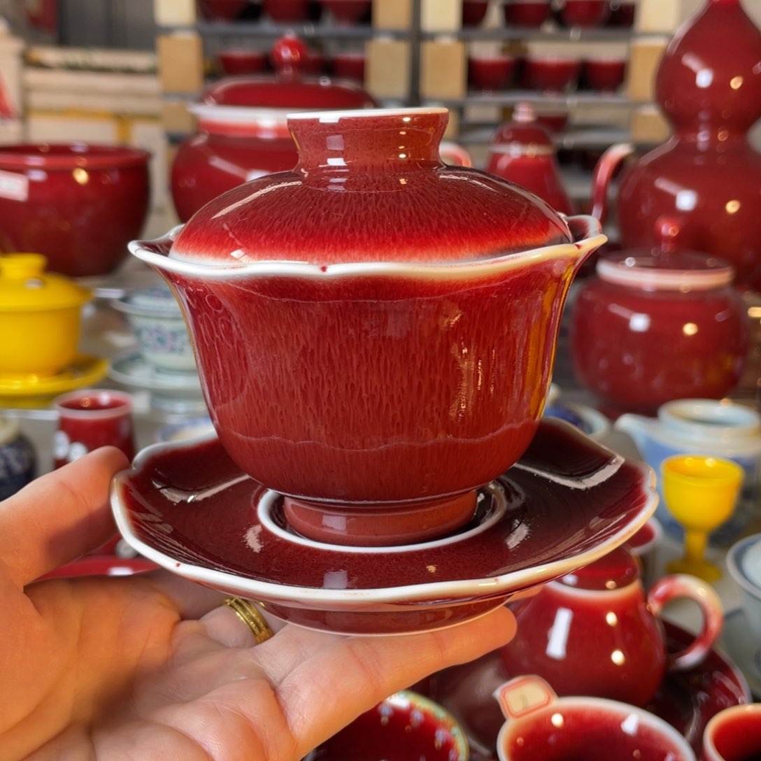 清欢雅玩原矿郎红福利花口盖碗150毫升