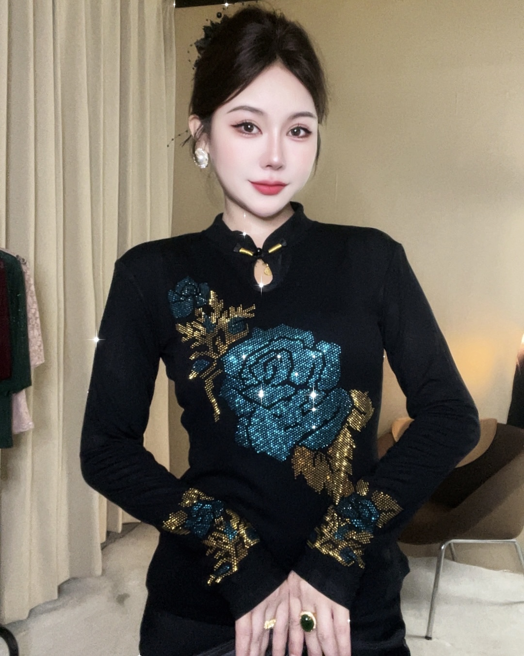国风长袖女打底衫2025秋季新款时尚烫钻上衣修身显瘦长袖T恤潮