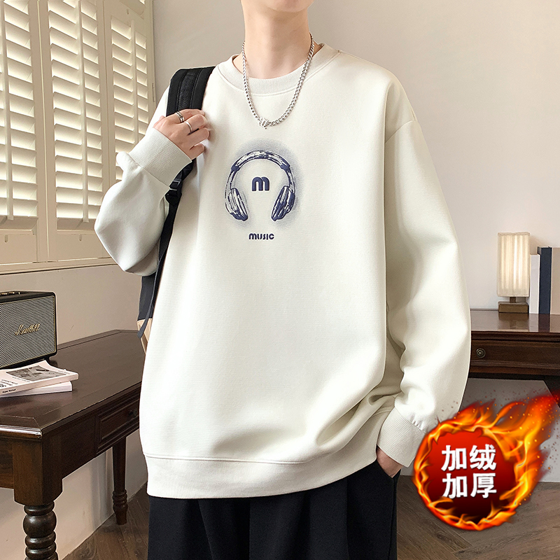 秋冬季新款青少年潮流美式宽松男生加绒加厚圆领印花长袖卫衣打底