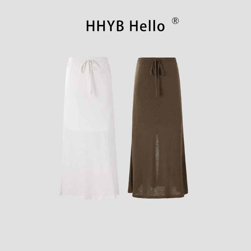 HHYB Hello2025松紧腰系带设计中长裙麻棉女复古气质半身裙254258