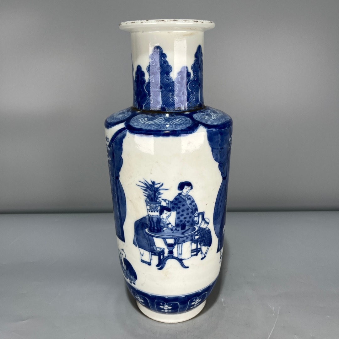 当代仿制 仿古青花人物故事棒槌瓶