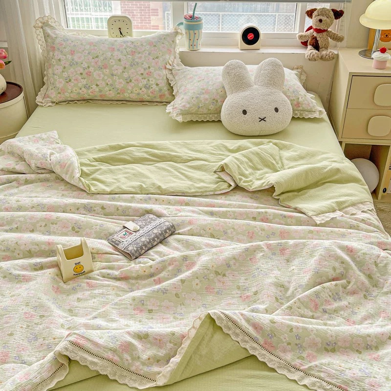 家纺【木槿花四件套200*230cm】 透气柔软棉纱四件套  （30天免费试