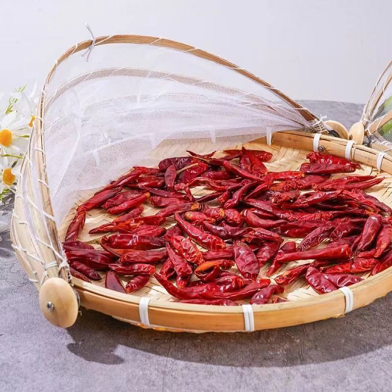 【桂花村】60cm*2防虫筐竹编制品簸箕纱网果篮带网圆形晾晒储物