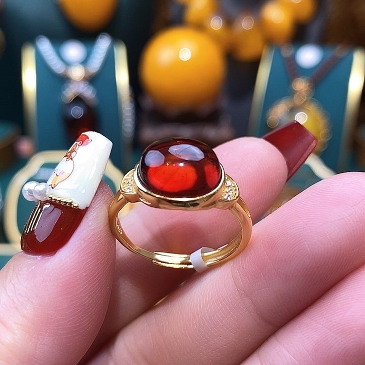 血珀戒指银S925镀金镶嵌