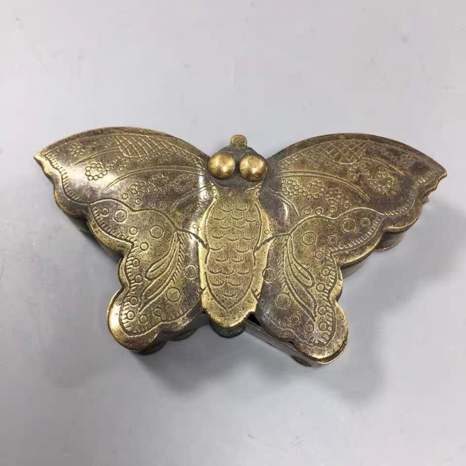 纯铜蝴蝶机关墨盒黄铜荣宝斋铜蝴蝶双小墨盒墨斗文房用品