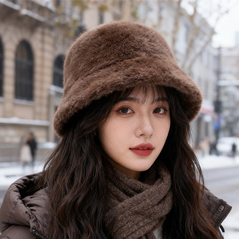毛绒渔夫帽女冬季显脸小百搭帽子加厚保暖护耳纯色盆帽EK078