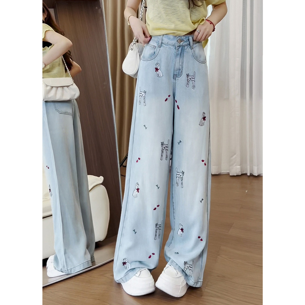 143小狗绣花阔腿牛仔裤女2025秋季天丝薄款小众设计感百搭拖地裤