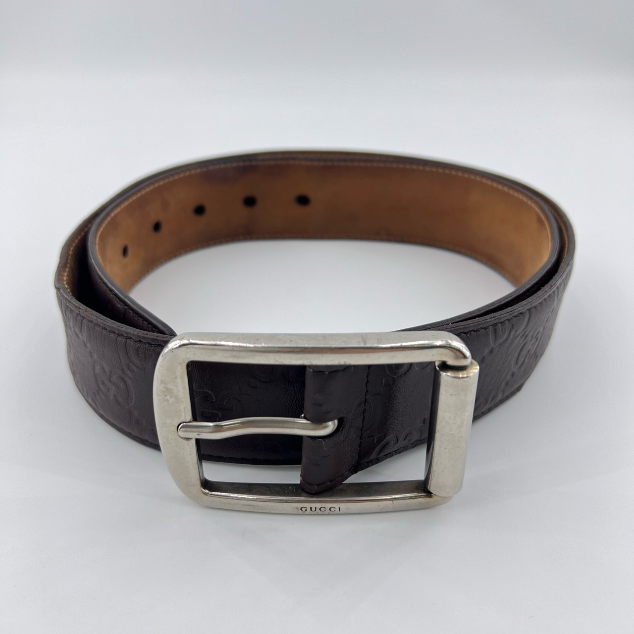 95新 GUCCI/古驰 4cm×85cm/银针扣黑色全皮满印压花腰带/12262650