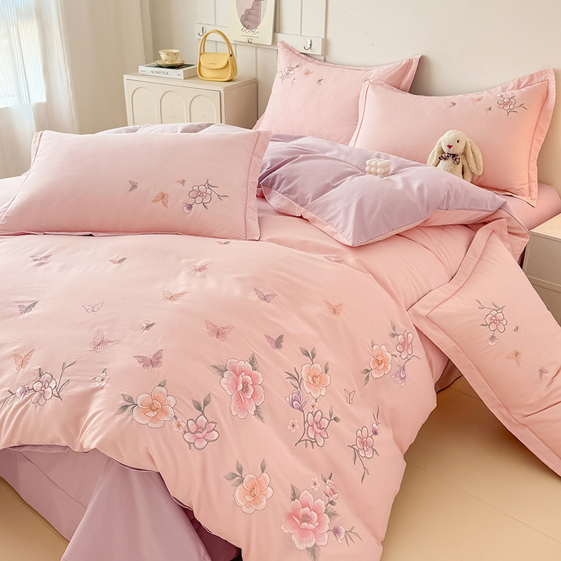 轻奢高端A类长绒棉全棉四件套纯棉花卉绣花被套床单床笠床上用品4