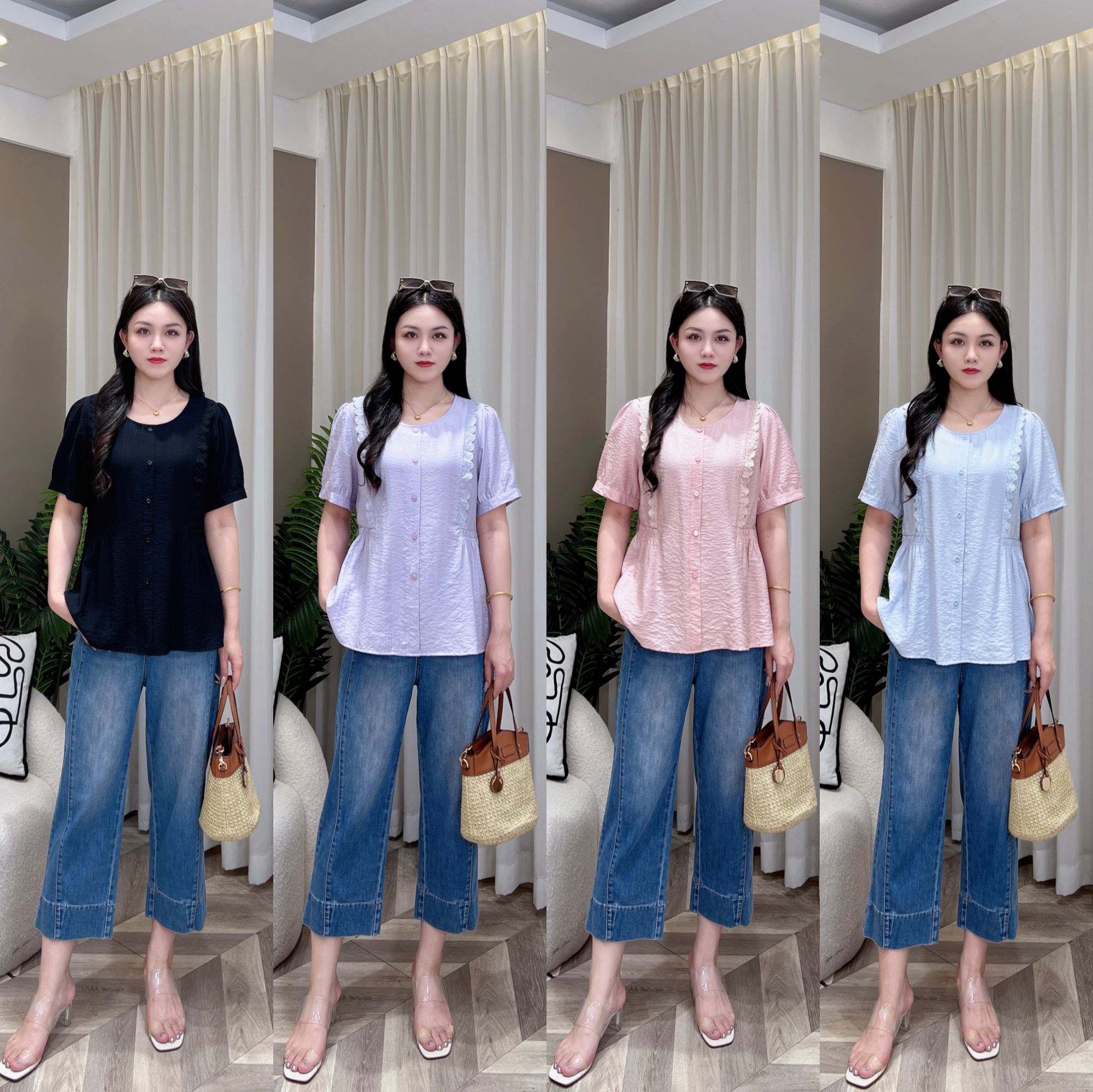 【上新上衣】PDM22356夏季新款圆领花边收腰百搭显瘦大码女装T恤