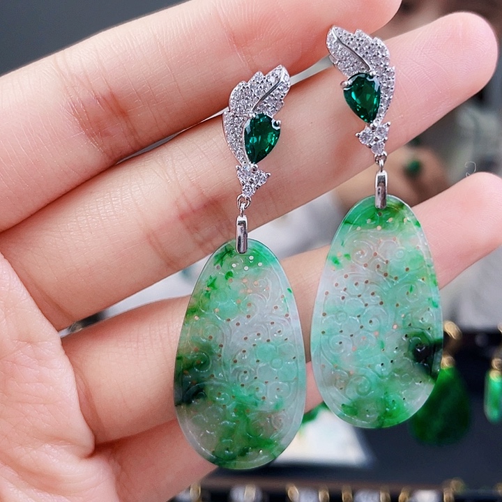 翡翠耳饰银S925镶嵌饰品