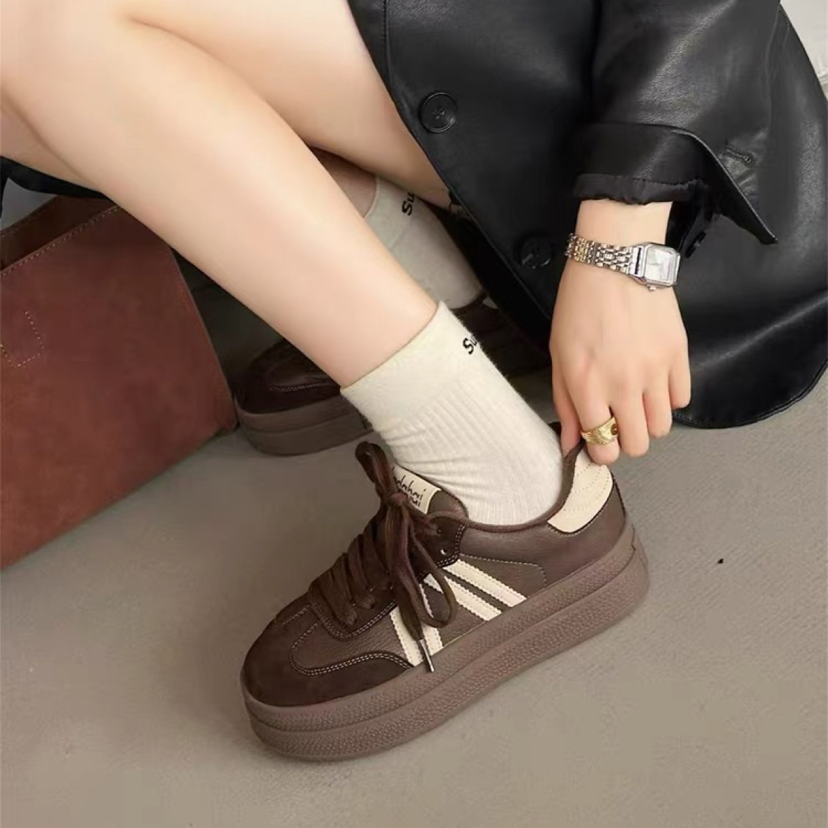 秋冬新款真皮德训鞋百搭休闲女鞋板鞋复古厚底防滑女鞋666-18