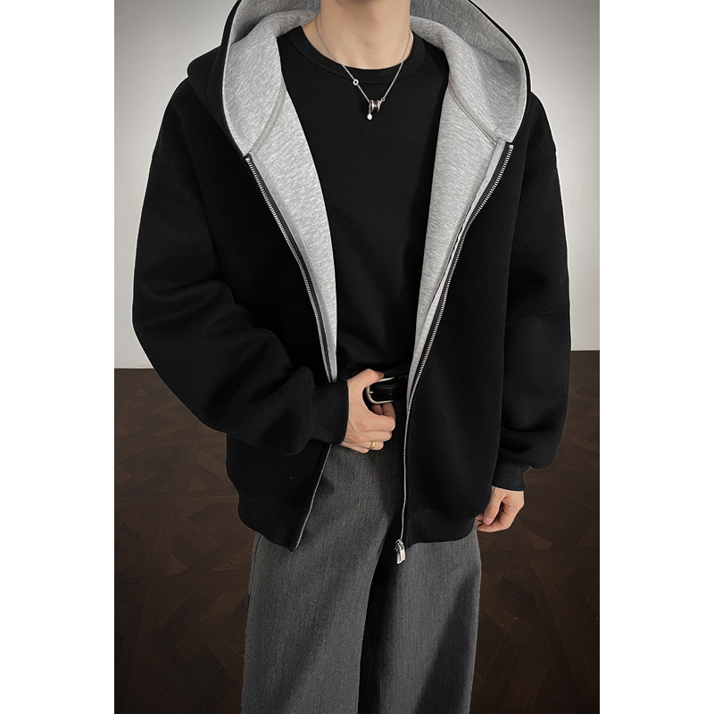 双拉链开衫卫衣男款春秋高级感廓形美式高街重磅硬挺潮牌连帽外套