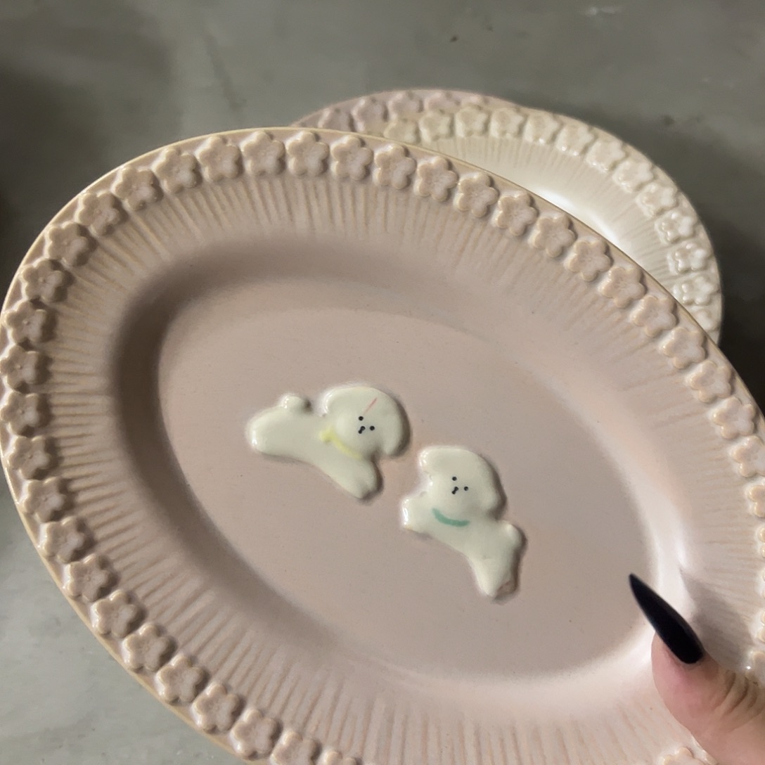 搪瓷微瑕粉色小狗鱼盘