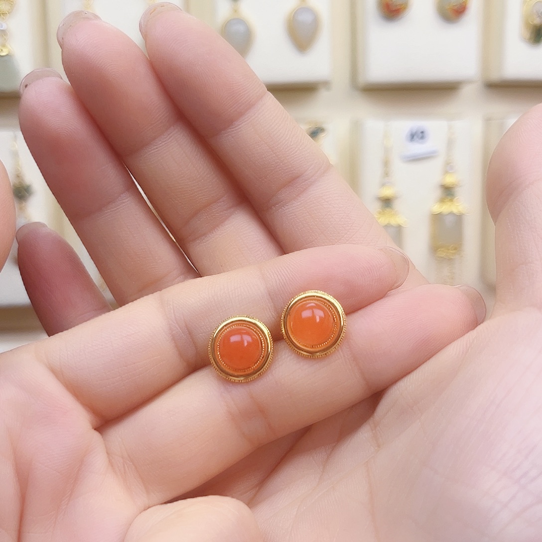 和田玉银S925镀金镶嵌耳饰